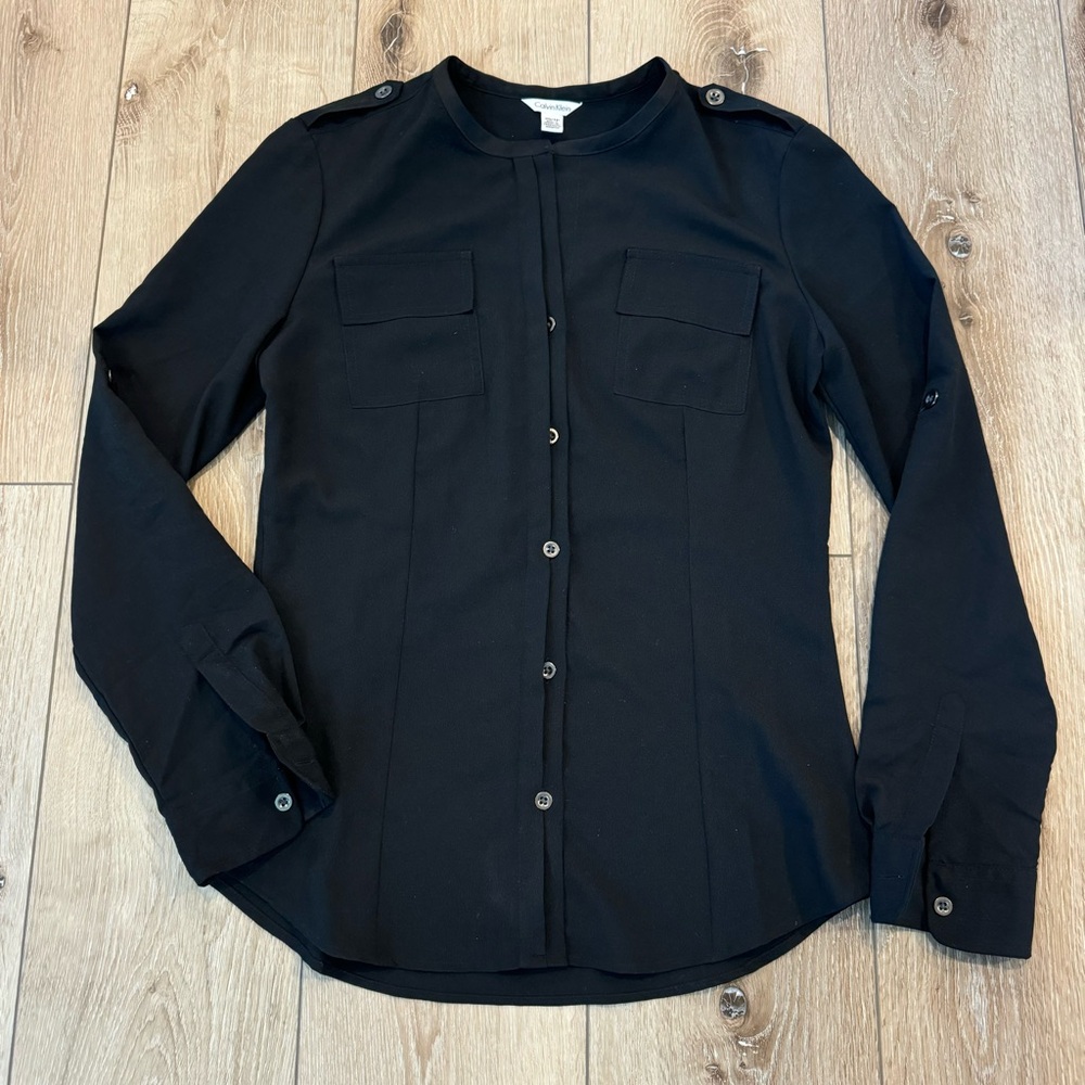 NWOT Calvin Klein Black Button-Up Long Sleeve Blouse Top Work Button Down  XS